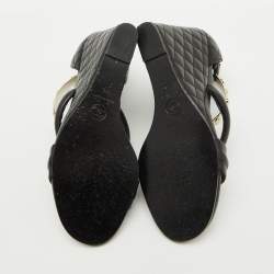 Chanel Black Leather Charm Embellished Ankle Cuff Wedge Sandals Size 39
