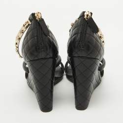 Chanel Black Leather Charm Embellished Ankle Cuff Wedge Sandals Size 39
