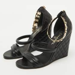 Chanel Black Leather Charm Embellished Ankle Cuff Wedge Sandals Size 39