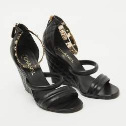Chanel Black Leather Charm Embellished Ankle Cuff Wedge Sandals Size 39