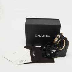 Chanel Black Leather Charm Embellished Ankle Cuff Wedge Sandals Size 39