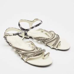 Chanel White Leather Chain Link Detail Strappy Flat Sandals Size 38