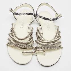 Chanel White Leather Chain Link Detail Strappy Flat Sandals Size 38