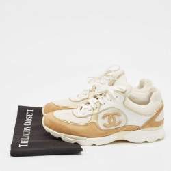 Pre Owned Chanel White/Beige Mesh And Suede CC Low Top Sneakers Size 40.5