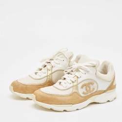 Pre Owned Chanel White/Beige Mesh And Suede CC Low Top Sneakers Size 40.5