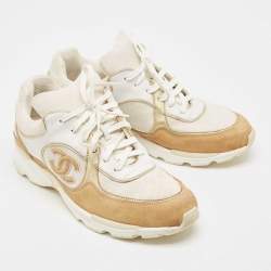 Pre Owned Chanel White/Beige Mesh And Suede CC Low Top Sneakers Size 40.5