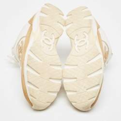 Pre Owned Chanel White/Beige Mesh And Suede CC Low Top Sneakers Size 40.5