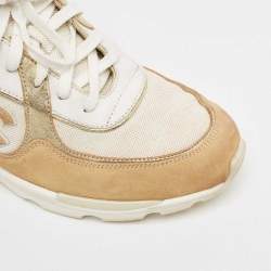 Pre Owned Chanel White/Beige Mesh And Suede CC Low Top Sneakers Size 40.5