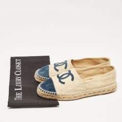 Pre Owned Chanel Blue/Beige Suede CC Cap Toe Espadrille Flats Size 37