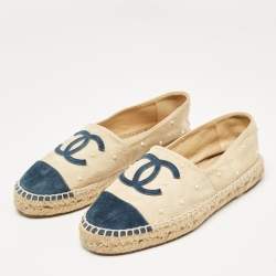 Pre Owned Chanel Blue/Beige Suede CC Cap Toe Espadrille Flats Size 37