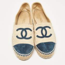 Pre Owned Chanel Blue/Beige Suede CC Cap Toe Espadrille Flats Size 37