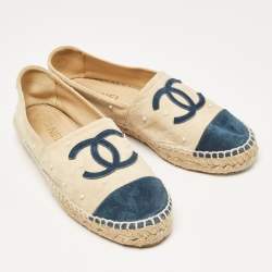 Pre Owned Chanel Blue/Beige Suede CC Cap Toe Espadrille Flats Size 37