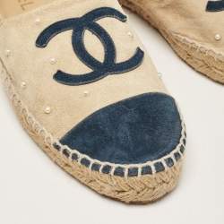 Pre Owned Chanel Blue/Beige Suede CC Cap Toe Espadrille Flats Size 37