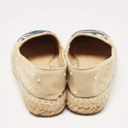 Pre Owned Chanel Blue/Beige Suede CC Cap Toe Espadrille Flats Size 37