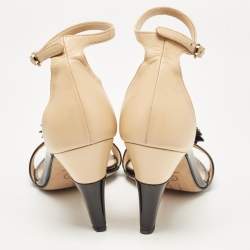 Chanel Black/Beige  Patent Leather Camellia Ankle Strap Sandals Size 37