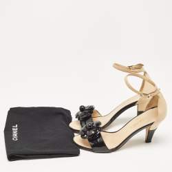 Chanel Black/Beige  Patent Leather Camellia Ankle Strap Sandals Size 37