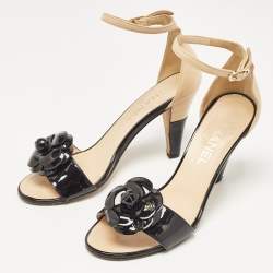 Chanel Black/Beige  Patent Leather Camellia Ankle Strap Sandals Size 37
