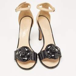 Chanel Black/Beige  Patent Leather Camellia Ankle Strap Sandals Size 37