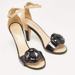 Chanel Black/Beige  Patent Leather Camellia Ankle Strap Sandals Size 37