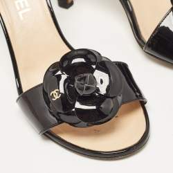 Chanel Black/Beige  Patent Leather Camellia Ankle Strap Sandals Size 37