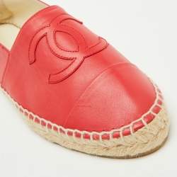 Chanel Red Leather CC Cap Toe Espadrille Flats Size 37