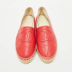 Chanel Red Leather CC Cap Toe Espadrille Flats Size 37