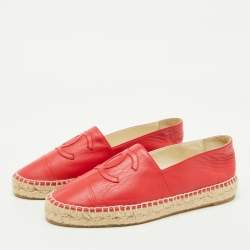 Chanel Red Leather CC Cap Toe Espadrille Flats Size 37