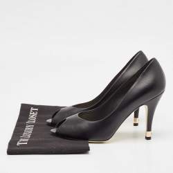 Pre Owned Chanel Black Leather Peep Toe CC Pearl Heel Pumps Size 38.5