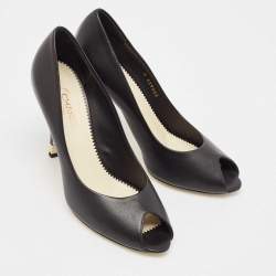 Pre Owned Chanel Black Leather Peep Toe CC Pearl Heel Pumps Size 38.5