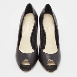 Pre Owned Chanel Black Leather Peep Toe CC Pearl Heel Pumps Size 38.5
