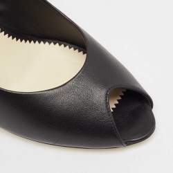 Pre Owned Chanel Black Leather Peep Toe CC Pearl Heel Pumps Size 38.5