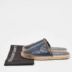 Chanel Navy Blue/Black Leather CC Chain Detail Espadrille Mules Size 39