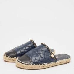 Chanel Navy Blue/Black Leather CC Chain Detail Espadrille Mules Size 39