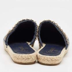 Chanel Navy Blue/Black Leather CC Chain Detail Espadrille Mules Size 39