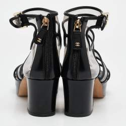 Chanel Black Leather and PVC Ankle Strap Sandals Size 38