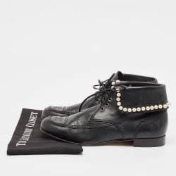 Pre Owned Chanel Black Leather Pearl Chain Booties Size 39.5