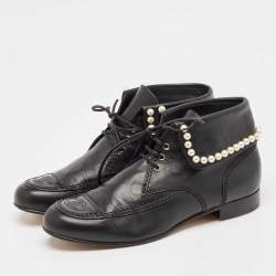 Pre Owned Chanel Black Leather Pearl Chain Booties Size 39.5