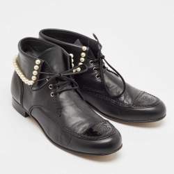 Pre Owned Chanel Black Leather Pearl Chain Booties Size 39.5
