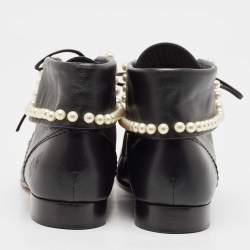 Pre Owned Chanel Black Leather Pearl Chain Booties Size 39.5