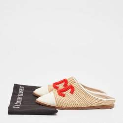 Chanel Beige Patent Leather and Raffia CC Mules Size 39