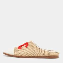 Chanel Beige Patent Leather and Raffia CC Mules Size 39
