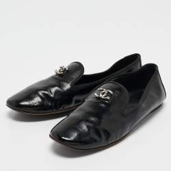 Chanel Black Leather CC Smoking Slippers Size 37.5