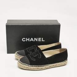 Pre Owned Chanel Black Velvet and Grosgrain Cap Toe CC Espadrille Flats Size 37