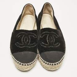 Pre Owned Chanel Black Velvet and Grosgrain Cap Toe CC Espadrille Flats Size 37