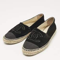 Pre Owned Chanel Black Velvet and Grosgrain Cap Toe CC Espadrille Flats Size 37