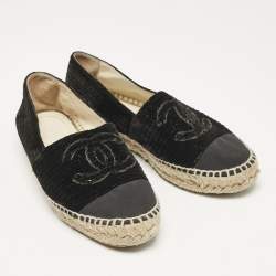 Pre Owned Chanel Black Velvet and Grosgrain Cap Toe CC Espadrille Flats Size 37