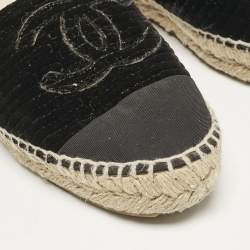 Pre Owned Chanel Black Velvet and Grosgrain Cap Toe CC Espadrille Flats Size 37