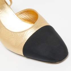 Pre Owned Chanel Gold/Black Leather and Canvas CC Slingback Pumps Size 40