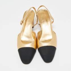 Pre Owned Chanel Gold/Black Leather and Canvas CC Slingback Pumps Size 40