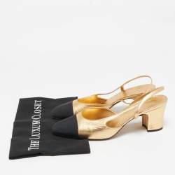 Pre Owned Chanel Gold/Black Leather and Canvas CC Slingback Pumps Size 40